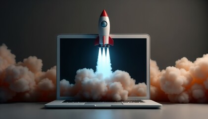 A miniature rocket launches from a laptop display, symbolizing innovation, technology, and startup growth. The concept represents digital transformation and creativity in technological advancements.

