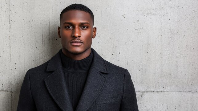 Attractive person and beauty poise, A confident man poses against a textured concrete wall, dressed in a stylish dark coat, exuding a modern and sophisticated vibe.