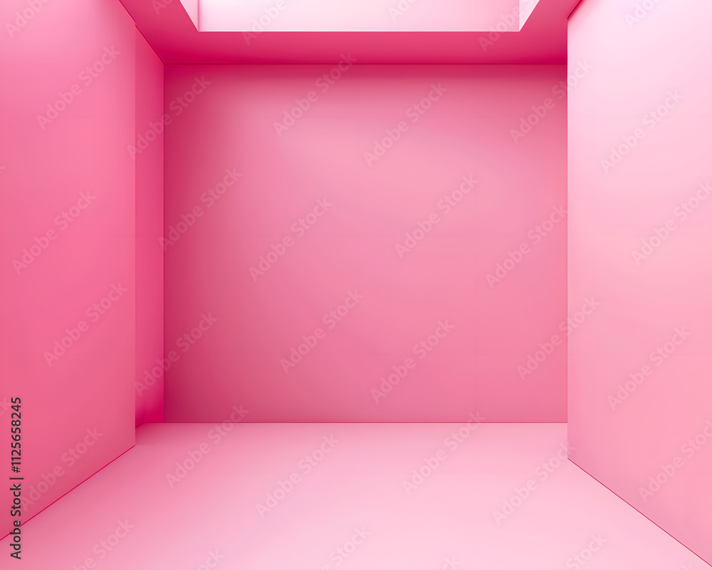 Poster a minimalistic room with all pink walls and floor, creating a vibrant, playful atmosphere.