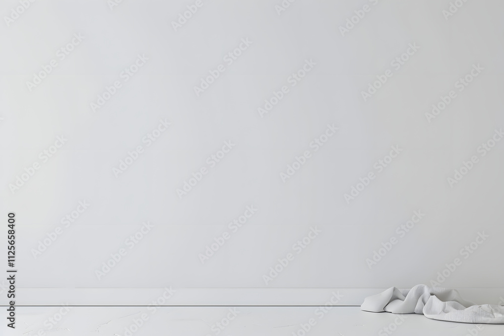 Poster a minimalistic white wall with a crumpled cloth on the floor, evoking simplicity and calmness.