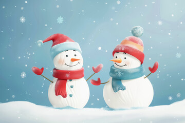 Snowmen in red and blue celebrate Christmas against a winter scene