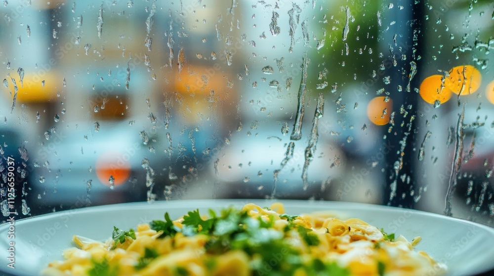 Leinwandbilder raindrops cling to a window while a quiet street outside remains unoccupied, creating a calm and tho