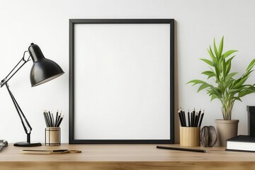 A minimalist workspace featuring a blank frame, lamp, plants, and stationery.