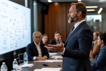 A charismatic man presents ideas with enthusiasm during a business meeting, while attentive colleagues engage in collaborative discussion and analysis of strategies and plans.