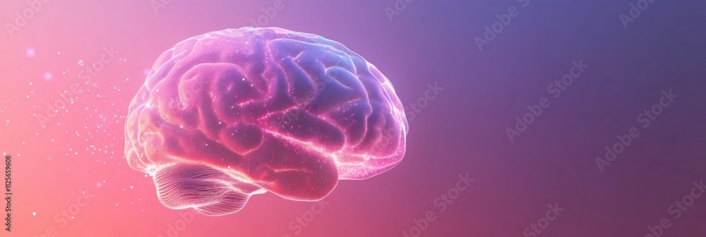 Poster visual representation of a glowing brain made of light points and lines, featuring ample copy space 