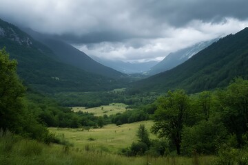 Fototapeta premium A serene valley landscape under a cloudy sky, showcasing lush greenery and distant mountains.