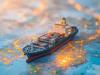 Fototapeta premium A model cargo ship on a map, symbolizing global trade and logistics.