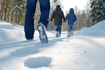 A family strolls in a serene winter landscape, leaving footprints in the snow, highlighting the joy of spending time together in nature during snowy days.