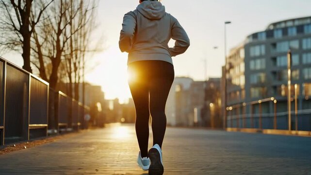 Morning jogger running toward sunrise in urban setting captured in dynamic sequence