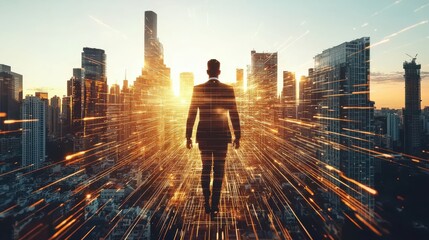 Inspiring business leader overlooking urban skyline embracing digital transformation