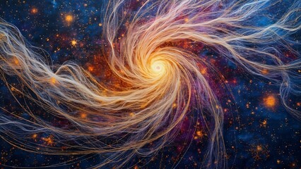 Swirling Nebula Tapestry, Cosmic Silk and Gold Threads