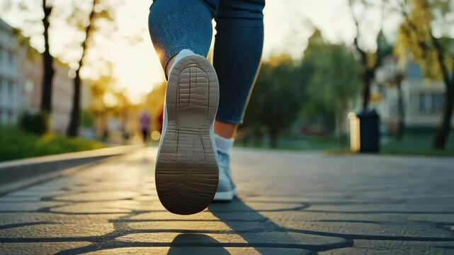 Morning stroll: closeup of feet walking on sunlit path in urban park