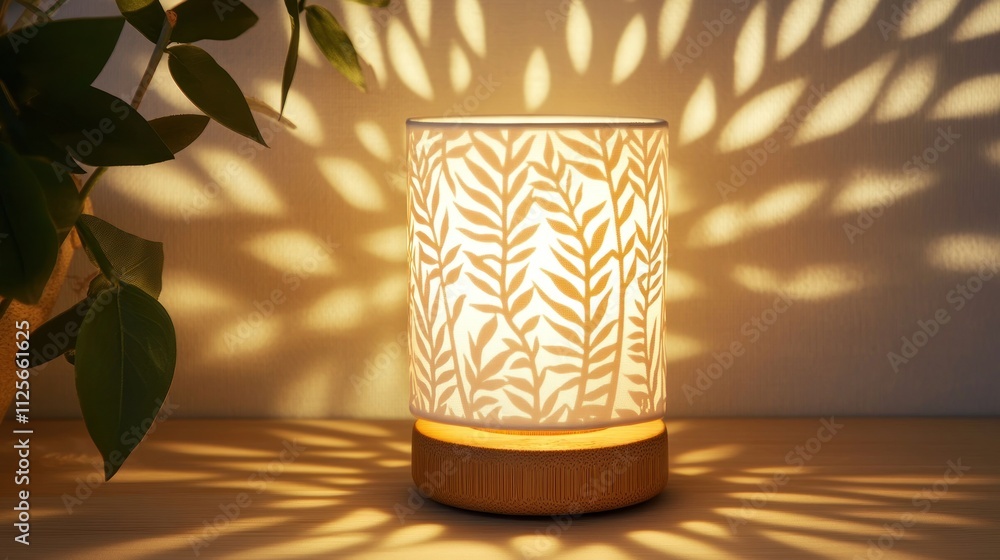 Poster illuminated ceramic lamp with leaf pattern casting shadows on a wooden surface.