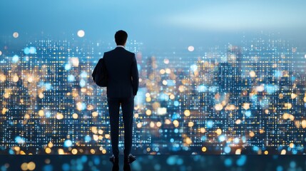 Exploring future opportunities businessman overlooking city skyline at night inspirational scene