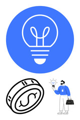 Light bulb in blue circle, coin with dollar sign, businessman holding light bulb and briefcase. Ideal for business ideas, innovation, finance, investment, entrepreneurship, creativity economic