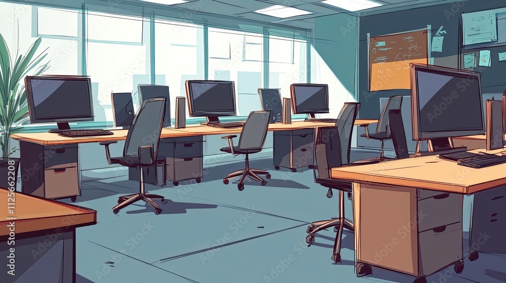 Poster modern office workspace with multiple computers and desks