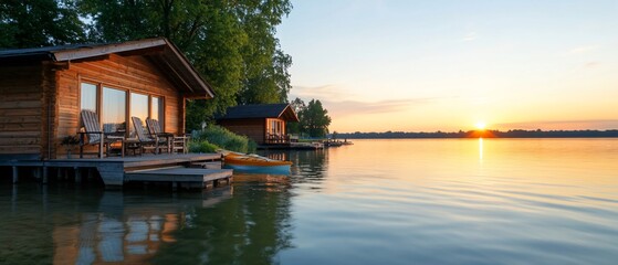 Serene lakeside cabins at sunset, perfect for relaxation.