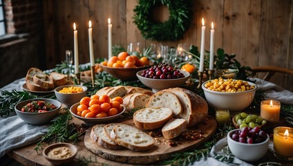 Fototapeta premium New Year’s Grazing Table with Fresh Bread, Dips, and Vegetables