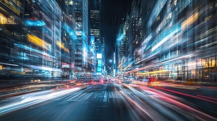 Fototapeta premium Blurred Street Scene with Moving Lights and Car at Night