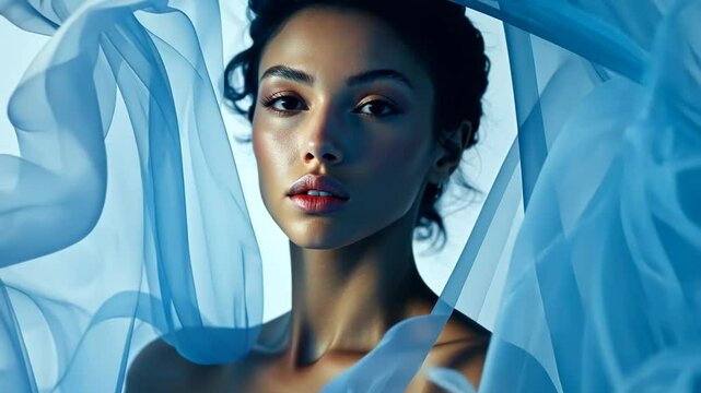 Ethereal elegance: woman draped in flowing blue fabric with graceful movements