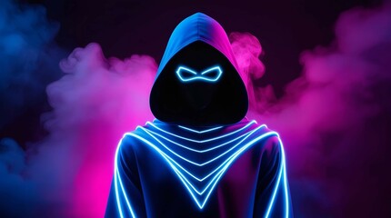 futuristic persona glowing in neon against a smoky background for virtual reality, tech, or design uses