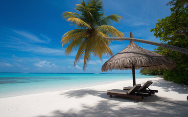 Chairs And Umbrella In Tropical Beach 