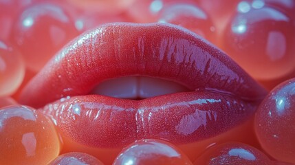 Close-up of glossy lips surrounded by translucent spheres.