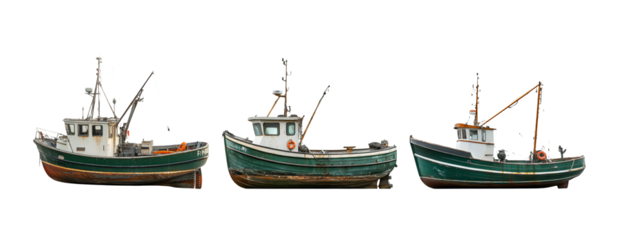 Three Fishing Boats on Transparent Background