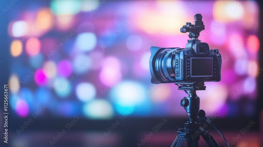 Poster A professional interview is filmed in a studio, showcasing advanced media tech and vibrant bokeh effects. Generative AI