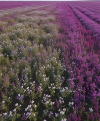 A sweeping aerial view of a field filled with vibrant purple cow peas and a few isolated white field pea blossoms, landscape, spring, aerial