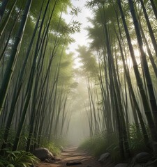 Bamboo forest on a cloudy day with the sun peeking through the gaps , natural scenery, soft light, serene landscape