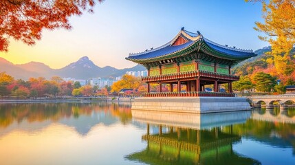 Obraz premium Gyeongbok palace in Seoul City, Gyeongbokgung palace landmark of Seoul, South Korea, Korean wooden traditional house in Gyeongbokgung the main royal palace of Joseon dynasty.
