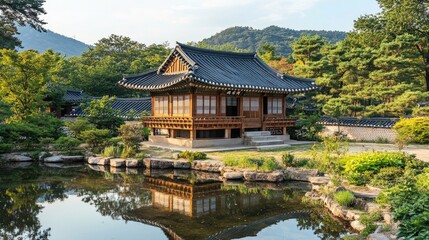 Naklejka premium Gyeongbok palace in Seoul City, Gyeongbokgung palace landmark of Seoul, South Korea, Korean wooden traditional house in Gyeongbokgung the main royal palace of Joseon dynasty.