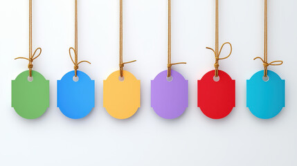 Colorful price tags hanging on strings against white background, showcasing various colors like green, blue, yellow, purple, and red, ideal for pricing or labeling items
