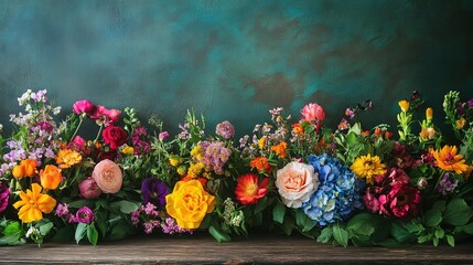 Fototapeta premium Vibrant Wooden Table with Colorful Flowers Against Dark Background