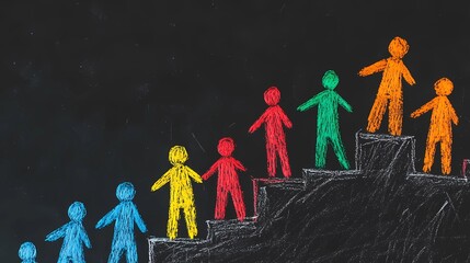 Abstract human figures climbing upward on a ladder, symbolizing ambition, career growth, and striving for professional success.