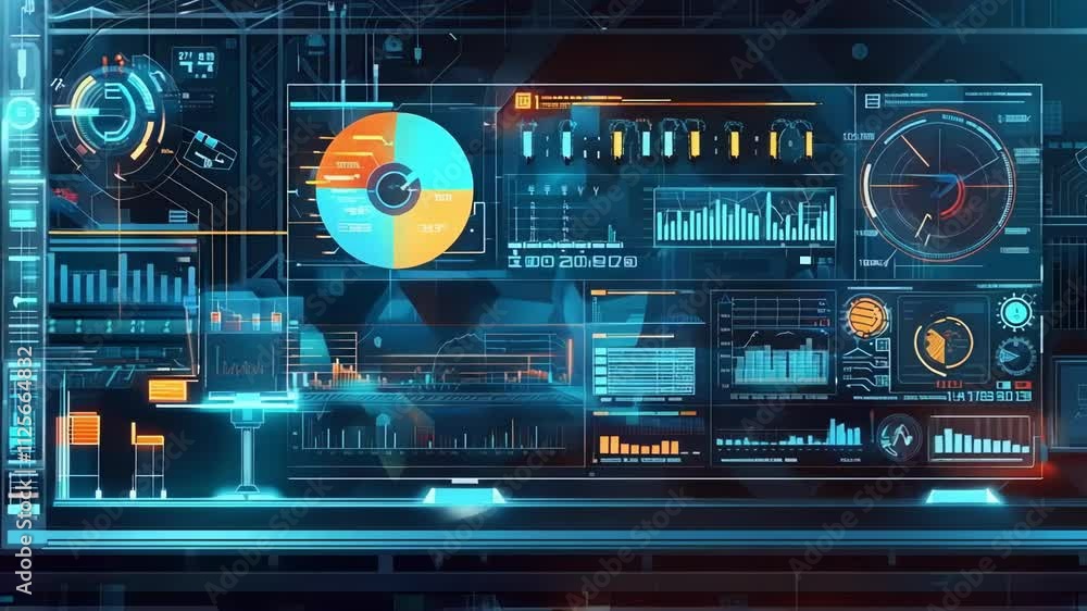 Poster futuristic control room with multiple digital screens displaying various data visualizations, charts