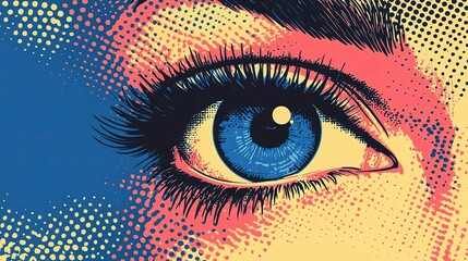 Vibrant Blue Eye in Pop Art Style with Halftone Design Elements