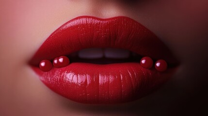 Close-up of red lips with three red beads.