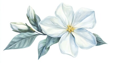 Watercolor Painting of a Delicate White Flower with Buds