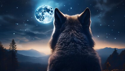 A lone wolf gazes at a large full moon in a breathtaking night scene. Mountains and forest create an awe-inspiring backdrop.