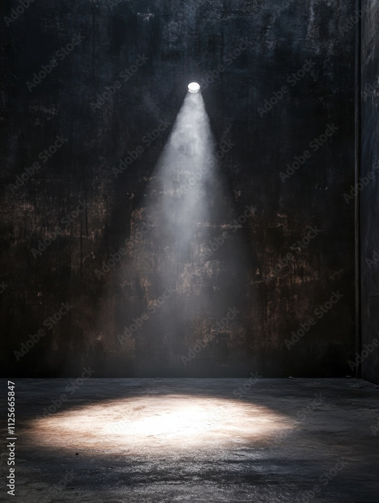 Poster in a dark, empty room, a small beam of light highlights a section of the floor, suggesting a feeling