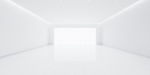 Fototapeta premium 3d rendering of white empty space room, white tile floor in perspective view, ceiling strip light. Modern interior home design look clean, bright surface of tile floor texture pattern for background.
