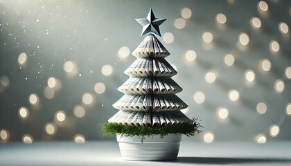 Christmas tree crafted from folded book pages with star topper in white pot. Festive background with bokeh lights and soft snowfall