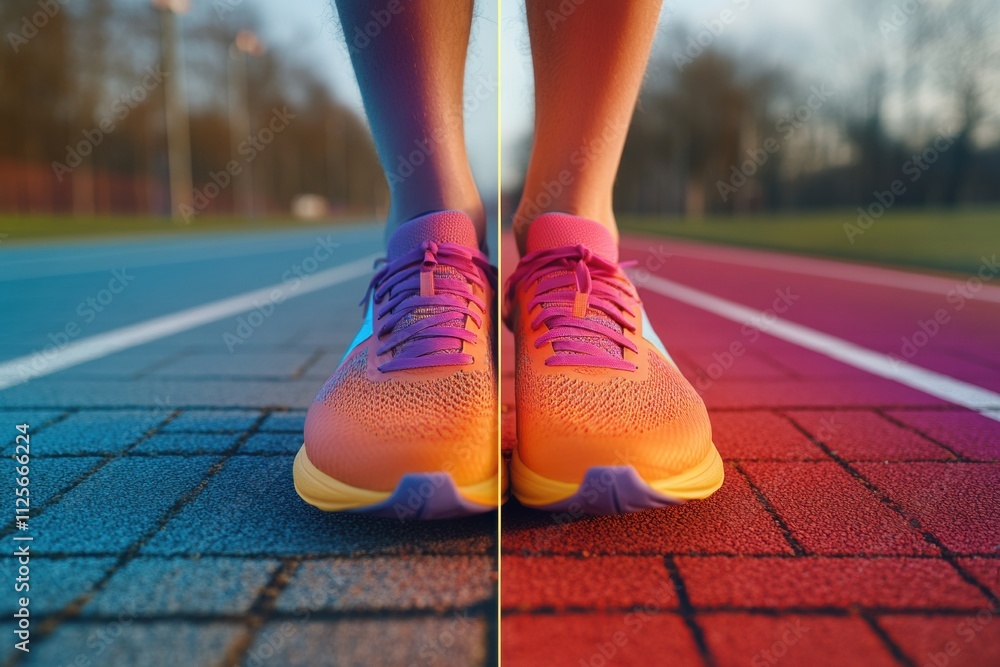 Poster A pair of colorful running shoes is positioned on a track, illuminated by warm evening light, creating a dynamic setting for fitness enthusiasts. Generative AI