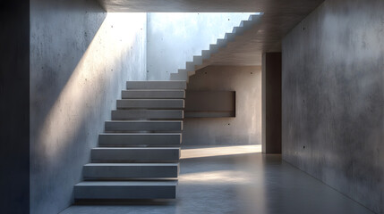 Obraz premium A minimalist hallway with exposed concrete walls and a sleek floating staircase for an industrial-chic feel