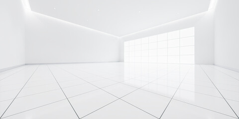3d rendering of white empty space room, white tile floor in perspective view, ceiling strip light. Modern interior home design look clean, bright surface of tile floor texture pattern for background. © DifferR