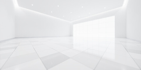 3d rendering of blur background or blur white empty space in room include tile floor in perspective view, light of window. Modern luxury interior home design of living room look clean, bright, shiny.
