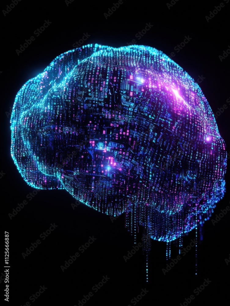 Poster this artwork features a digital brain composed of glowing grids and binary code, showcasing advanced
