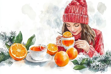 Woman in Red Hat Enjoying Citrus Tea Winter